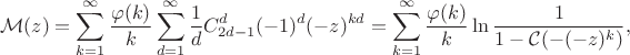 $$
\mathcal{M} (z) = \sum_{k=1}^{\infty} \frac{\varphi(k)}{k} \sum_{d=1}^\infty \frac1d C_{2d-1}^d (-1)^d (-z)^{kd} = \sum_{k=1}^{\infty} \frac{\varphi(k)}{k} \ln\frac1{1-\mathcal{C}(-(-z)^k)},
$$