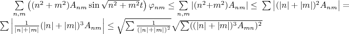 $\sum \limits_{n,m} \left( (n^2+m^2) A_{nm}\sin \sqrt{n^2+m^2}t\right)\varphi_{nm} \leq \sum \limits_{n,m} |(n^2+m^2) A_{nm}| \leq \
\sum \left|(|n|+|m|)^2 A_{nm}\right| = \sum \left|\frac 1 {|n|+|m|} (|n|+|m|)^3 A_{nm}\right| \leq \sqrt {\sum \frac 1 {(|n|+|m|)^2}} \sqrt {\sum ((|n|+|m|)^3 A_{mn})^2}$