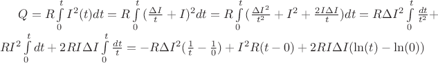 $Q=R\int\limits_0^t{{I^2}(t)dt}=R\int\limits_0^t{{(\frac{\Delta I}{t}+I)^2}dt}=R\int\limits_0^t{(\frac{\Delta I^2}{t^2}+I^2+\frac{2I\Delta I}{t})dt}=R\Delta I^2\int\limits_0^t{\frac{dt}{t^2}}+RI^2\int\limits_0^t{dt}+2RI\Delta I\int\limits_0^t{}\frac{dt}{t}=-R\Delta I^2(\frac{1}{t}-\frac{1}{0})+I^2R(t-0)+2RI\Delta I(\ln(t)-\ln(0))$