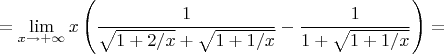 $$=\lim_{x \to +\infty} x \left( \frac1{ \sqrt{1+2/x} + \sqrt{1+1/x}} - \frac1{ 1+ \sqrt{1+1/x}} \right)=$$