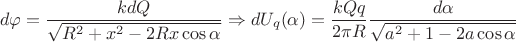 $$d\varphi=\dfrac{kdQ}{\sqrt{R^{2}+x^{2}-2Rx\cos{\alpha}}}} \Rightarrow dU_{q}(\alpha)=\dfrac{kQq}{2\pi R}\dfrac{d\alpha}{\sqrt{a^{2}+1-2a\cos{\alpha}}}}$$