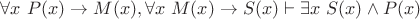 $\forall x~P(x) \to M(x), \forall x~M(x) \to S(x) \vdash \exists x~S(x) \wedge P(x)$