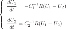 $$\left\{\begin{array}{l}
\dfrac{dU_1}{dt}=-C_1^{-1}R(U_1-U_2) \\ \\
\dfrac{dU_2}{dt}=C_2^{-1}R(U_1-U_2)
\end{array}\right.$$