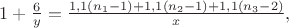$1+\frac {6} {y} =\frac{1,1(n_1-1)+1,1(n_2-1)+1,1(n_3-2)}{x},$