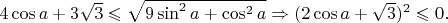 $4 \cos a + 3 \sqrt{3} \leqslant \sqrt{9 \sin^2 a + \cos^2 a} \Rightarrow (2 \cos a  + \sqrt{3} )^2 \leqslant 0 .$