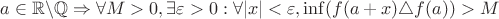 $a \in \mathbb{R} \backslash \mathbb{Q} \Rightarrow \forall M>0, \exists \varepsilon > 0: \forall |x| < \varepsilon, \inf(f(a+x) \triangle f(a)) > M$