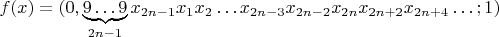 $f(x)=(0,\underbrace{9\ldots 9}\limits_{2n-1}x_{2n-1}x_1x_2\ldots x_{2n-3}x_{2n-2}x_{2n}x_{2n+2}x_{2n+4}\ldots; 1)$