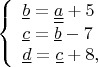 $$\left\{\begin{array}{l}
\underline{b}=\underline{\underline{a}}+5 \\
\underline{c}=\underline{b}-7 \\
\underline{d}=\underline{c}+8 , \end{array}\right.$$