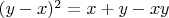 $(y-x)^2=x+y-xy$