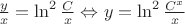 $\frac yx}=\ln^2 {\frac Cx} \Leftrightarrow y=\ln^2 \frac{C^x}x$$