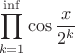 $$
\prod_{k=1}^{\inf} \cos \frac{x}{2^k}
$$