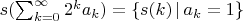 $s(\sum_{k = 0}^\infty {2^k a_k}) = \left\{s(k) \, |\, a_k = 1\right\}$