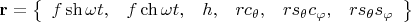 $\[{\mathbf{r}} = \left\{ {\begin{array}{*{20}c}   {f\operatorname{sh} \omega t,} & {f\operatorname{ch} \omega t,} & {h,} & {rc_\theta  ,} & {rs_\theta  c_\varphi  ,} & {rs_\theta  s_\varphi  }  \\ \end{array} } \right\}\]
$