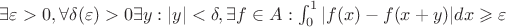$\exists \varepsilon >0, \forall \delta(\varepsilon)>0 \exists y: |y|<\delta, \exists f \in A: \int_{0}^{1} |f(x) - f(x+y)|dx \geqslant \varepsilon$