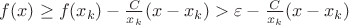 $f(x)\geq f(x_k)-\frac{C}{x_k} (x-x_k)>\varepsilon-\frac{C}{x_k} (x-x_k)$