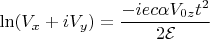 $$\ln(V_x+iV_y)=\frac{-iec\alpha V_{0z} t^2}{2\mathcal{E}}$$