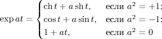 $$\exp at = \begin{cases} 
\ch t + a\sh t, & \text{если } a^2 = +1; \\ 
\cos t + a\sin t, & \text{если } a^2 = -1; \\ 
1 + at, & \text{если } a^2 = 0 
\end{cases}$$