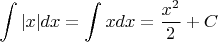 $$\int |x|dx=\int xdx=\frac{x^2}{2}+C$$