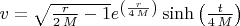 $v=\sqrt{\frac{r}{2 \, M} - 1} e^{\left(\frac{r}{4 \, M}\right)} \sinh\left(\frac{t}{4 \, M}\right)$