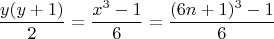$$ \frac{y(y+1)}{2}=\frac{x^3-1}{6}=\frac{(6n+1)^3-1}{6}$$