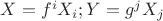 $X=f^iX_i;  
Y=g^jX_j$