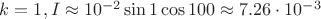 $k=1, I\approx 10^{-2}\sin1\cos 100\approx 7.26\cdot 10^{-3 }$