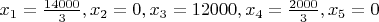 $x_1=\frac {14 000} {3}, x_2=0, x_3=12 000, x_4=\frac {2000} {3}, x_5=0$