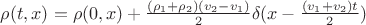 $\rho(t,x) = \rho(0,x) + \frac{(\rho_1 + \rho_2)(v_2 - v_1)}{2} \delta(x - \frac{(v_1+v_2) t}{2})$ $\rho(t,x) = \rho(0,x) + \frac{(\rho_1 + \rho_2)(v_2 - v_1)}{2} \delta(x - \frac{(v_1+v_2) t}{2})$