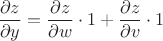 $\dfrac{\partial z}{\partial y}=\dfrac{\partial z}{\partial w}\cdot 1+\dfrac{\partial z}{\partial v}\cdot 1$