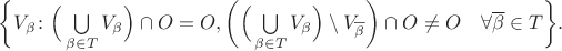 $\bigg\{V_{\beta} \colon \Big( \bigcup\limits_{\beta \in T} V_{\beta} \Big)\cap O=O, \bigg( \Big( \bigcup\limits_{\beta \in T} V_{\beta} \Big)\setminus V_{\overline{\beta}} \bigg)\cap O \ne O \quad \forall \overline{\beta}\in T \bigg\}.$