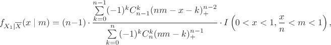 $$
f_{X_1\mid \overline X}(x\mid m) =(n-1)\, \cdot \, \frac{\sum\limits_{k=0}^{n-1}(-1)^k C_{n-1}^k (nm-x-k)^{n-2}_+}{\sum\limits_{k=0}^n(-1)^k C_n^k (nm-k)^{n-1}_+}\,\cdot\, I\left(0<x<1, \frac{x}{n}<m<1\right),
$$