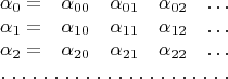 $$\begin {matrix}
\alpha_0=&\alpha_{00}&\alpha_{01}&\alpha_{02}&\ldots\\
\alpha_1=&\alpha_{10}&\alpha_{11}&\alpha_{12}&\ldots\\
\alpha_2=&\alpha_{20}&\alpha_{21}&\alpha_{22}&\ldots\\
\hdotsfor [1.5] {5} \\
\end {matrix}
$$