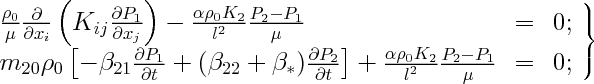 $$
\left.
  \Large
  \begin{array}{lcr}
  	 \frac{\rho_0}{\mu}\frac{\partial}{\partial x_i}\left(K_{ij}\frac{\partial P_1}{\partial x_j}\right)
  	-\frac{\alpha \rho_0 K_2}{l^2}\frac{P_2-P_1}{\mu}& = & 0;\\
 	m_{20}\rho_0\left[-\beta_{21}\frac{\partial P_1}{\partial t}+(\beta_{22}+\beta_*)
 	\frac{\partial P_2}{\partial t}\right]+\frac{\alpha \rho_0 K_2}{l^2}\frac{P_2-P_1}{\mu}& = & 0;\\
 \end{array}
\right\}
$$