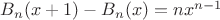 $B_n(x+1)-B_n(x)=nx^{n-1}$