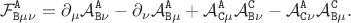 $$
{\mathcal F}^{\tt A}_{{\tt B} \mu \nu}
=
\partial_{\mu} {\mathcal A}^{\tt A}_{{\tt B} \nu}
-\partial_{\nu} {\mathcal A}^{\tt A}_{{\tt B} \mu}
+{\mathcal A}^{\tt A}_{{\tt C} \mu} {\mathcal A}^{\tt C}_{{\tt B} \nu}
-{\mathcal A}^{\tt A}_{{\tt C} \nu} {\mathcal A}^{\tt C}_{{\tt B} \mu}.
$$
