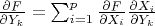 $\frac{\partial F}{\partial Y_k}=\sum_{i=1}^p\frac{\partial F}{\partial X_i}\frac{\partial X_i}{\partial Y_k}$