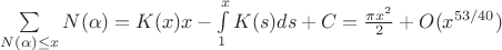$\sum\limits_{N(\alpha)\leq x}N(\alpha)= K(x)x - \int \limits_1^xK(s)ds +C= \frac{\pi x^2}{2}+O(x^{53/40})$