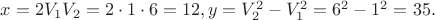 $\[x = 2{V_1}{V_2} = 2 \cdot 1 \cdot 6 = 12,y = V_2^2 - V_1^2 = {6^2} - {1^2} = 35.\]$