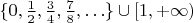$\{0, \frac12, \frac34, \frac78, \ldots \} \cup [1, +\infty)$