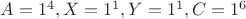 $A=1^4,X=1^1,Y=1^1, C=1^6$