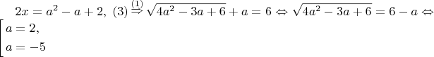 $2x = a^2  - a + 2,\;\left( 3 \right)\mathop  \Rightarrow \limits^{\left( 1 \right)} \sqrt {4a^2  - 3a + 6}  + a = 6 \Leftrightarrow \sqrt {4a^2  - 3a + 6}  = 6 - a \Leftrightarrow \left[ \begin{gathered}a=2,\hfill \\a =  - 5\hfill \\\end{gathered}  \right$