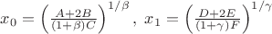 $ x_0 = \left( \frac{A+2B}{(1+\beta) C} \right)^{1/\beta}, \; x_1 = \left( \frac{D+2E}{(1+\gamma) F} \right)^{1/\gamma} $