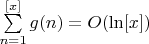 $\sum \limits _{n=1}^{[x]}g(n)=O(\ln [x])$