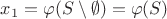 $x_1 = \varphi(S \setminus \emptyset) = \varphi(S)$
