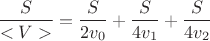 $$\frac{S}{<V>}=\frac {S}{2v_0}+\frac{S}{4v_1}+\frac{S}{4v_2}$$