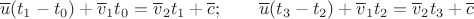 $$\overline u(t_1-t_0)+ \overline v_1 t_0=\overline v_2 t_1+\overline c;\qquad \overline u(t_3-t_2)+\overline v_1 t_2=\overline v_2 t_3+\overline c$$