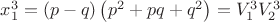 $x_1^3  = \left( {p - q} \right)\left( {p^2  + pq + q^2 } \right) = V_1^3 V_2^3 $