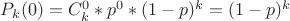 $P_k(0) = C_k^0*p^0*(1-p)^k = (1-p)^k$ $P_k(0) = C_k^0*p^0*(1-p)^k = (1-p)^k$