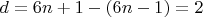 $d=6n+1-(6n-1)=2$