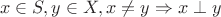 $$\all x \in S, \all y \in X, x\ne y  \Rightarrow  x \perp y$$